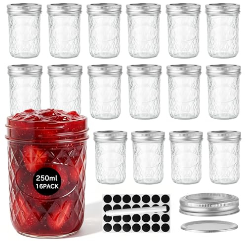OAMCEG Juego de 16 tarros de cristal con tapa de rosca de 240 ml, versátiles tarros para mermelada, tarros de cristal 100% reciclados para apertura normal
