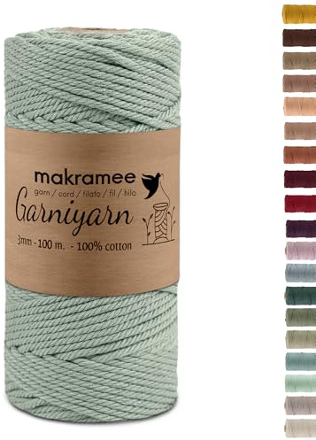 GARNIYARN Makramee Garn, Minted Sage, 3mm x 100m, 100% Baumwolle | OEKO-TEX, 4-fach gezwirnte Baumwollkordel für Makramee-Wandbehang, Blumenampel, Pflanzenhänger, Traumfänger und DIY-Projekte