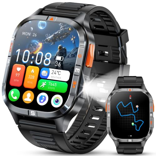 Mingdaln Orologio intelligente GPS militare con bussola/altezza/torcia, 2,01 pollici con schermo HD, assistente vocale/chiamate Bluetooth, per Android e iOS, diverse modalità di movimento (Nero)