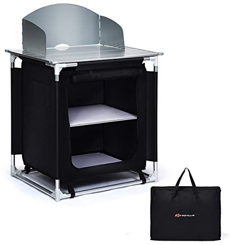 COSTWAY Folding Camping Table with Windshield and Carrying Bag, Outdoor Garden Kitchen Mesh-Door Storage Cabinet Shelves, Stove Burner Gas Compartments Organizer BBQ Table, 88 X 64 X 117cm (Black)