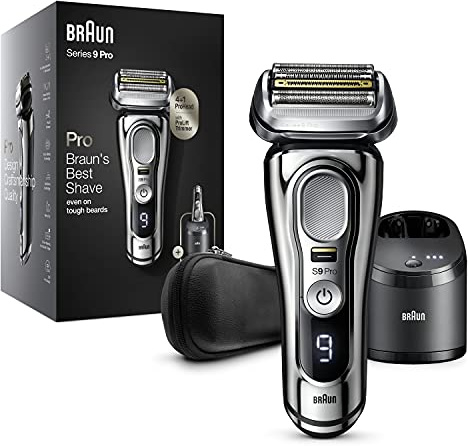 Braun Series 9 Pro Elektrorasierer für Herren, Bartrasierer mit ProLift-Trimmer und 4-in-1-Kopf, 5-in-1-Reinigungs- und Ladecenter, Tasche, wiederaufladbar, kabellos, 9466 CC, Chrom