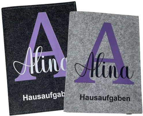 Hausaufgabenheft Hülle personalisiert mit Namen Datum schlicht A5 - Grundschule für Mädchen und Junge - Einschulungsgeschenke Heftumschlag - Geschenkideen Einschulung - Buchstabe Lila