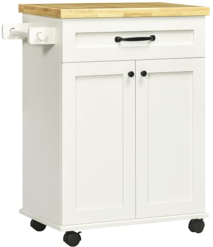 HOMCOM Desserte de Cuisine desserte à roulettes Chariot de Cuisine Multi-rangements 1 tiroir 1 Placard 1 Portes-torchons - Blanc et Plateau en Bois