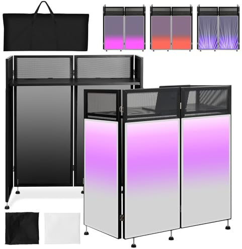 Kokorona 53,3 x 109,2 x 114,4 cm DJ-Fassadenfassade, verstellbare DJ-Veranstaltung mit schwarzem und weißem Netz, klappbarer Metallrahmen, flache Tischstation mit Kabelloch,