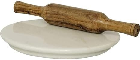 IBLAY Rullbräda i naturlig marmor och rullkavel i trä, 25 cm rund marmor chakla Belan för Roti, Chapati, pizzadeg, bakverk och bakning, stenrullande yta för kök