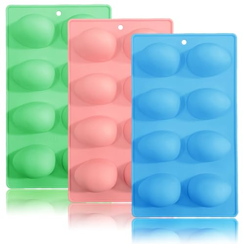 3 Pack 3D Easter Egg Silicone Molds, 8 Cavity Egg Shape Non-stick Baking Molds Tray DIY Baking Tool for Easter Chocolate Cake Dessert Muffin Mousse Pastry Handmade Soap Crayons