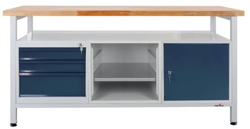Steinbock Werkbank mit 3 Schubladen, 1 Regalabteil und Tür | 500 kg Tragkraft | HxBxT 84 x 170 x 60 cm | Anthrazitgrau | 4 cm Starke Holzplatte | stabiles Stahlgestell | Made in EU | Profi-Werktisch