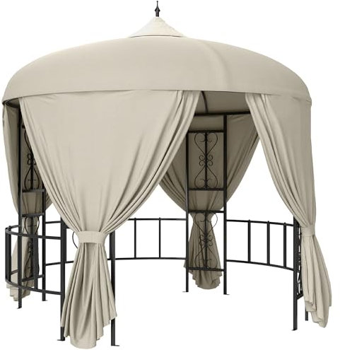 Outsunny Gazebo da Giardino Rotondo Ø3m, Gazebo da Esterno con Tende e Prese d'Aria in Metallo e Poliestere, Beige