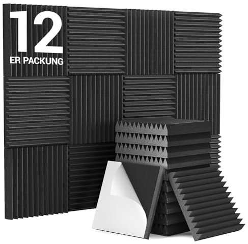 Lot de 12 mousses acoustiques autocollantes - 30 x 30 x 5 cm - Pyramide TONOR - Pour l'absorption des échos - Mousse acoustique - Convient pour la maison et le studio - Noir