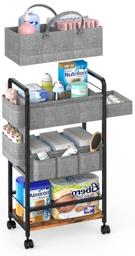 LIDTOP 2In1 Baby Diaper Caddy & 4-Tier Rolling Diaper Cart, Diaper Caddy Organizer Cart with Dividers & Drawer, Mobile Metal Bedside Cart for Nursery Essentials Storage, Large Capacity