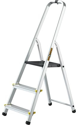 Drabest – Échelle Domestique Pro – Escabeau – 3 marches – Hauteur de Travail 2,54m – Pliant en Aluminium, Charge Max. 150 kg, Crochet Pratique – avec Plateforme 25 × 26 cm, Pieds antidérapants