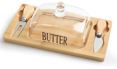 Mantequillera Francesa con Tapa de Vidrio y Cuchillo Doble, Mantequillera con Tapa de Vidrio Base de Bambú, Ideal para Mantequilla, Quesos y Postres, Regalo de Cocina Sostenible - Color de la madera