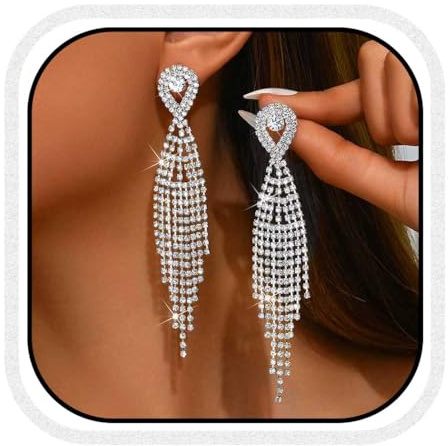 Unicra Silver Rhinestone Bridal Earrings Weddimg Crystal Dangle Earrings Long Diamond Ear jewelry for Women and Brides (Silver)