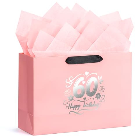 BBLIKE Presentpåsar set 60. Presentpåse födelsedag rosa presentpåsar med gratulationskort och Sydney papper vacker presentförpackning 32 × 22 × 11 cm för present årsdag mors dag fest