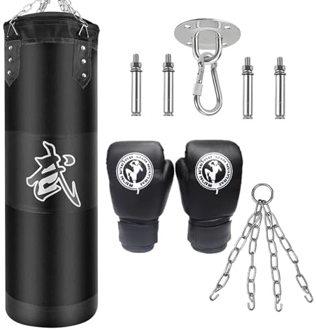 Sac de Frappe Boxe Suspension Kit - Adulte Lourd MMA Punching Muay Thai Arts Martiaux Kickboxing (Non Rempli) Boxe Chaine Punching Bag Sac de Frappe Durable (Noir+Gants)