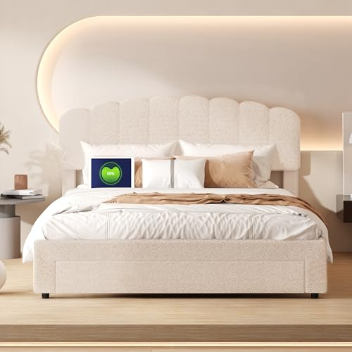 TIMORWTF Polsterbett, 160 x 200 cm, Doppelbett mit Lattenrost und Aufbewahrungsschublade, das Kopfteil ist mit einem USB-Stecker & Typ C ausgestattet, einfach zu montieren, Teddy Samt, beige