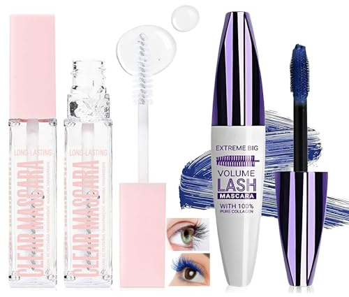 Clear And Blue Lash Mascara Set, 3-Piece, 2 Clear And 1 Blue Tubes | Spiral-Bristle And Curved-Bristle Applicator Wands, For Subtle Everyday Finishes And Coloured Evening Or Occasion Eye Looks