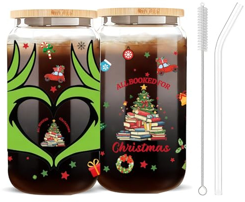 Yamobi Grinchs Weihnachtstassen,Glas mit Deckel und Strohhalm, Weihnachts Becher mit Deckel und Strohhalmen, 16 oz lustiger Glasbecher,Weihnachtsgläser mit Deckel