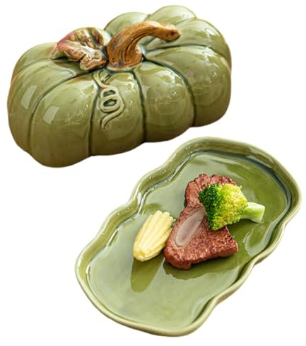 Beurrier citrouille avec couvercle - Joli beurrier en céramique - Planche à fromage - Décoration d'Halloween - Vaisselle de citrouille (vert, 18,3 x 10 cm)