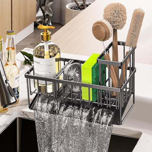Porte Eponge Evier Cuisine,Organisateur d'évier en Acier Inoxydable avec bac d'écoulement Automatique,Rangement Eponge Evier Cuisine,Super Accessoires pour Cuisine-Noir.