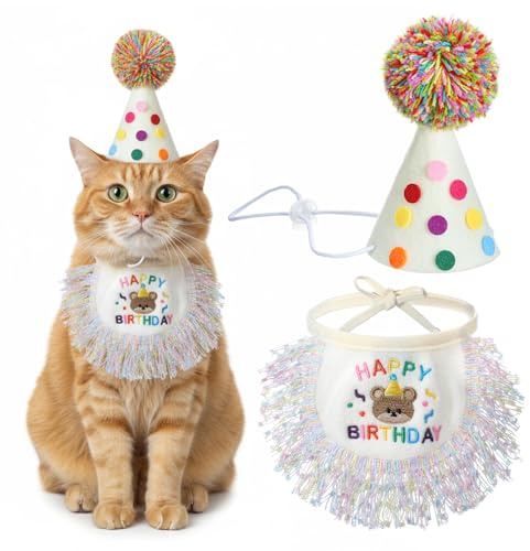 Tyqour Partyhüte Für Kuscheltiere Katzen Hut Hunde Katzengeburtstagsmütze Und Halstuch, Hundegeburtstagsoutfit, Katzengeburtstagsdeko-Set Für Kleine Und Mittelgroße Katzen Und Hunde