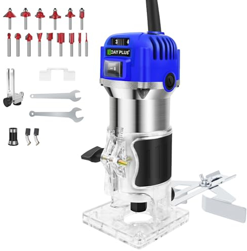 Electric Palm Router Tool, 220W 30000RPM Electric Woodworking Hand Router, 6-Speed Adjustable, with 15 PCS 1/4 Shank Router Bits, for Carving & Engraving-Craft & DIY Essential