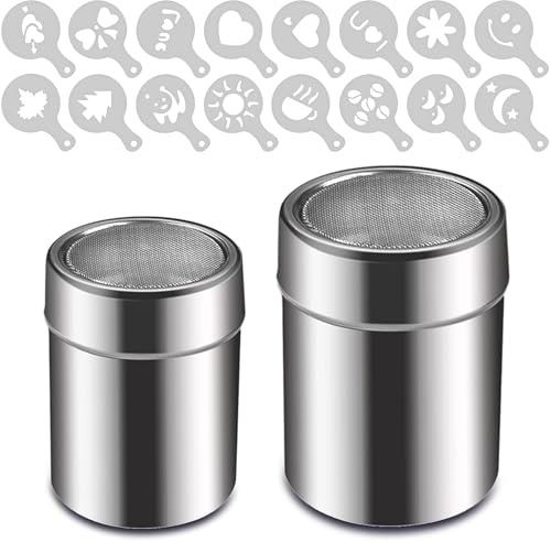 VIVIIHOO Pulversockerskakare och kakaoshaker-set, 2 rostfria shakers med 16 latte-konstmallar, fint mjöl filter och lock för kakao, mjöl, kanel, bakning, matlagning, diskmaskinssäker