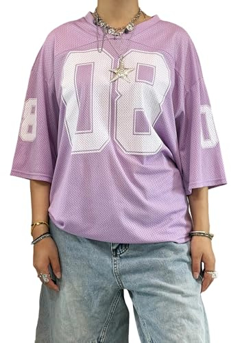 Anuedgis Y2k Chemises surdimensionnées en jersey pour femme, col en V, numéro graphique, t-shirt de basket-ball d'été pour sortir, vêtements esthétiques