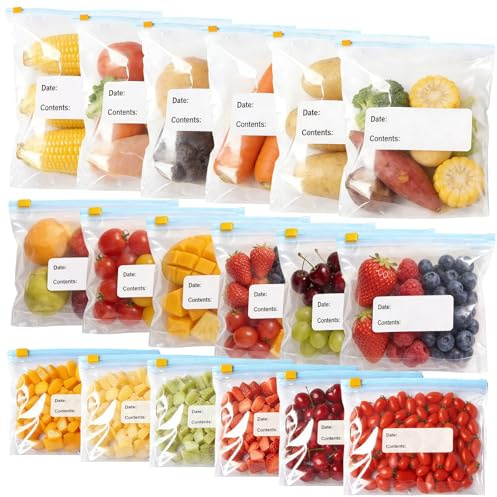 Gefrierbeutel Zipper, 180 Stück Zipper Beutel, 3 Größen Gefrierbeutel mit Vorgedrucktem Etikett Wiederverwendbar mit Erweiterbarer Boden für Obst, Gemüse, Fleisch, Getreide, Snacks