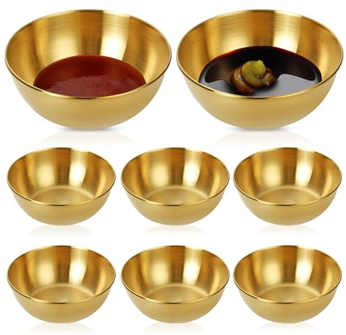 ECVUKQ 8 Stück Gold Dipschalen Set, 8.5 x 3 cm 120ml Dip SchäLchen Edelstahl Kleine Schalen Mini SaucenschäLchen Set MetallschüSsel für Ketchup Snacks Sojasauce