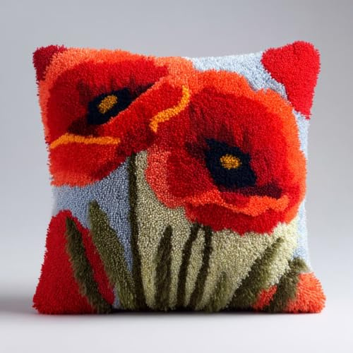 WallustrioaW Kit Coussin au Point Noué,fleurs rouges | Tapis Point Noué,Kits de Crochet de Verrouillage for Adultes Débutants Bricolage,43x43cm
