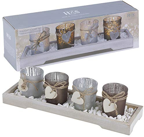 URBNLIVING Home Decor 4 Tea Light Holder With Wooden Tray (Brown and White)