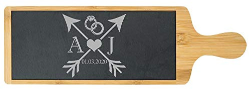 Personalised Engraved Bamboo and Slate Slate Cheeseboard with Wedding Design, Personalise with Any Initials and Date, Perfect for Weddings and Anniversaries