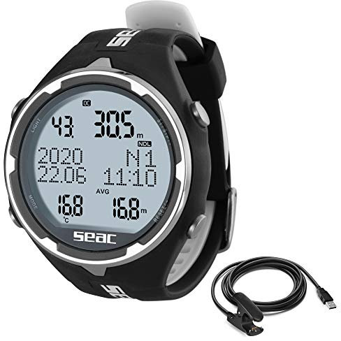 Seac Action, Tauchcomputer für Gerätetauchen und Freediving, Logbuch, Dive Planner, Safety Alarme, schwarz verspiegelte Linse + USB