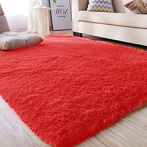 CHBIN Langflor 60x80cm Teppich Wohnzimmer Lammfellimitat Teppich Weich Teppich Super Weich Gemütliches für Bettvorleger Sofa Matte Oder Schlafzimmmer Deko Usw, Rot