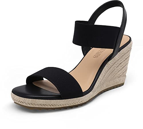 DREAM PAIRS Damen-Espadrilles mit offener Zehenpartie, elegante Plateau-Sandalen zum Hineinschlüpfen, elastische Knöchelriemen, Keilabsatz-Sandalen,Size 39,Schwarz,SDPW222W