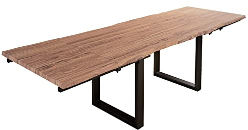 SAM Esstisch Barcelona 200(300) x100 cm Akazie Stone Baumkante U schwarz | Baumkantentisch massiv, Akazienholz stonefarben, ausziehbar, inkl. 2 Ansteckplatten 50x100 cm, Metallgestell