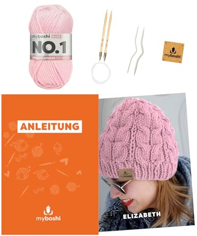 myboshi Strickset Mütze Elizabeth für Fortgeschrittene, inkl. No.1 Wolle, Nadeln, Anleitung, Label, Strickpaket, 70% Polyacryl, 30% Wolle (Merinowolle) Rosa, mit Rundstricknadel