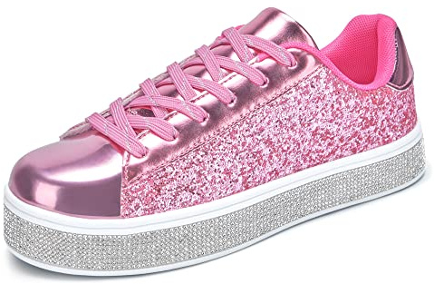 UUBARIS Dam glitter tennissneakers neon dressy glittrande sneakers strass bling bröllop brudskor glänsande paljettskor, Rosa glitter, 42 EU
