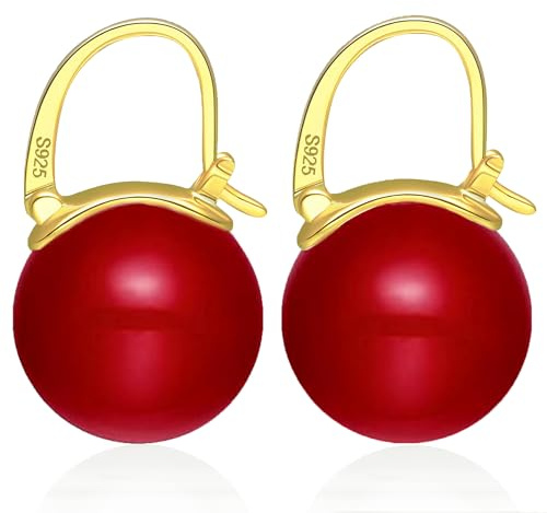 HUGE TOMATO röda pärlörhängen, 14 mm eleganta stora pärlörhängen 925 sterling silver 14K guldpläterat spänne för dammode, dingla örhängen för present