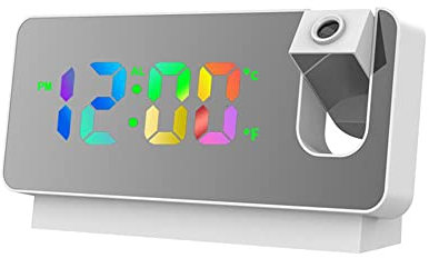 QOXEZY Proiettore digitale a LED con proiezione multi-angolo, sveglia doppia snooze, radio FM, timer di sonno, sveglia da comodino senza rumore, caricatore USB con batteria di riserva, bianco