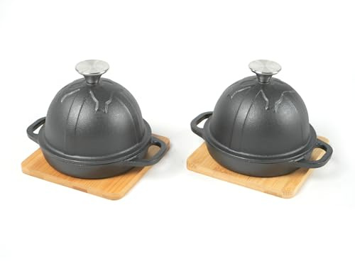 HAWOK Cast Iron Garlic Roaster with Bamboo Tray, 5-Inch, BBQ Grill Garlic Baker, Mini Cocotte, Set of 2, Pre-Seasoned