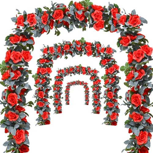 Bacucine Guirnalda de flores de vid de rosas, 4 unidades, 28 pies, guirnalda floral artificial con hojas verdes para colgar en bodas, fiestas, jardín, decoración de pared del hogar (rojo)