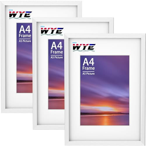 wyewye Cornice A4, confezione da 3 cornici in legno da 21 x 29,7 cm, con supporto, da tavolo o da appendere alla parete, cornice bianca A4 con passepartout A5, cornice per documenti con finestra in
