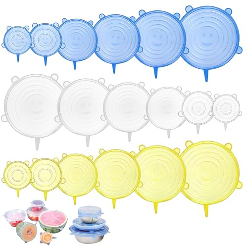 18 Stück Silikondeckel, Dehnbare Silikon Deckel Joghurtdeckel Rund Silicone Stretch Lids 6 verschiedene Größen universaldeckel für Schüsseln, Becher, Dosen, Obst