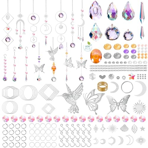 406 PCS Suncatcher Crystals Craft Kit, Crystal Hanging Ornament Sun Catcher with Star Sun Moon Pendants Silver Chain Hook Accessories, Rainbow Crystal Suncatcher for Window Garden Home Decor
