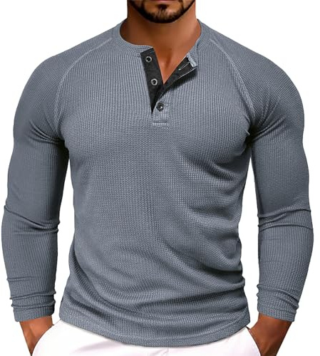 Camisas Henley para hombre, camisetas de punto gofre, manga larga, sin botones, 3 botones, blusa casual ajustada, gris oscuro, S