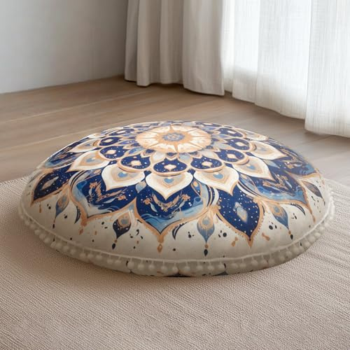 DAWNYIELD Meditation Cushion 32 Inch Round, Extra Thick Memory Foam Floor Pillow with Removable Washable Cover, Bohemian Mandala Yoga Cushion for Adults - Ideal Gift & Holiday Decor, Blue