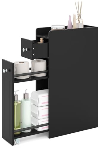 GOPLUS Meuble Salle de Bain Étroit pour Papier Toilette, 40 x 17 x 70CM, Armoire Salle de Bain Étroite sur Pieds Mobile avec Roues, 2 Tiroirs, Étagère Supérieur avec Bords Surélevés, Intérieur (Noir)