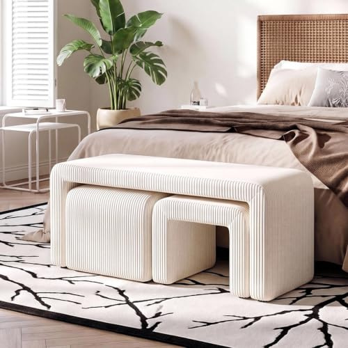 Clevich Juego de 3 Bancos tapizados, Banco al pie de la Cama, con 2 taburetes pequeños, cómodo Banco de Entrada/tocador, Moderno Banco Curvo, para Sala de Estar/Dormitorio/Entrada, Beige